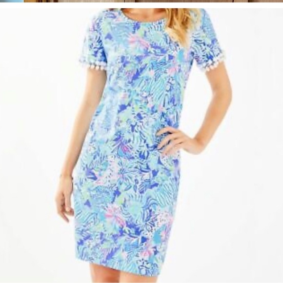 LILLY PULITZER LISSIE DRESS POM POM TRIM SLEEVES COASTAL LION AROUND  PRINT XS - Picture 1 of 7